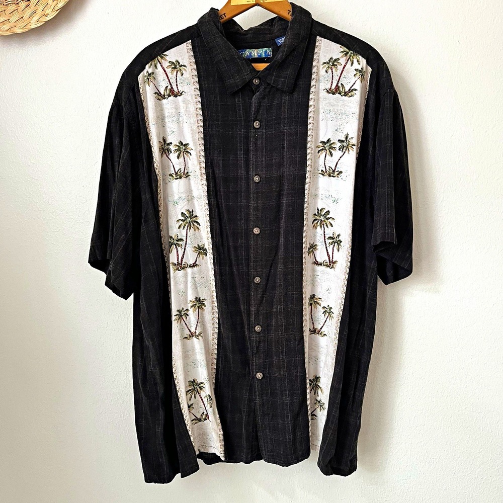 Campia mens 2XL black white palm tree tropical short sleeve button up shirt
